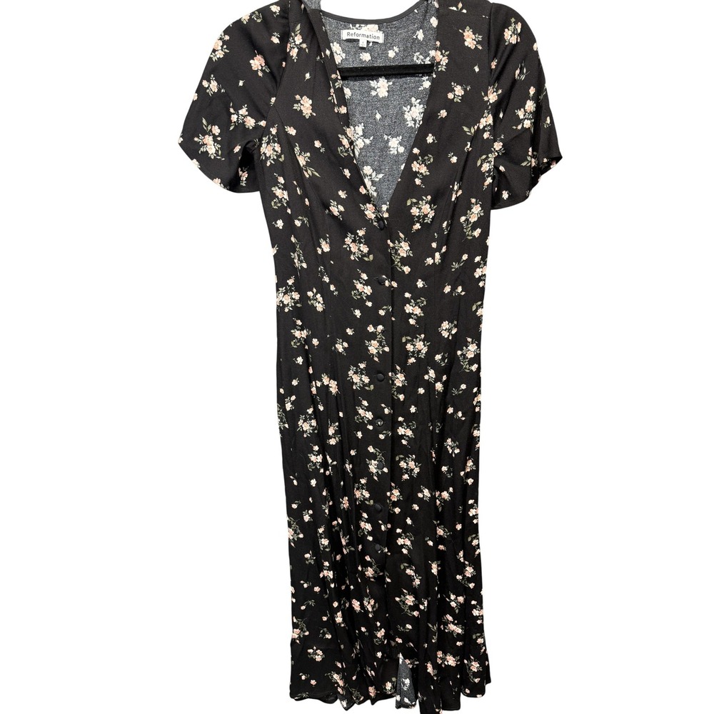 Reformation Dress Womens 4 Black Floral V-Neck Short Sleeve Button Front‎ Midi - Picture 2 of 15
